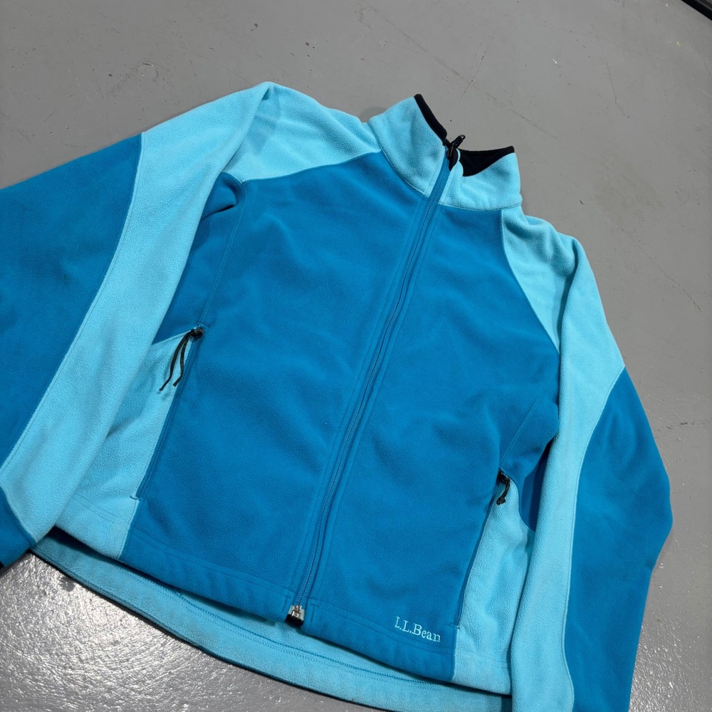 LL Bean Womens Large Fleece Jacket Full Zip Blue Colorblock Mock Neck Outdoor